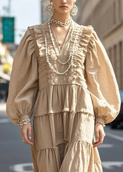 Unique Khaki Wrinkled Patchwork Nail Bead Cotton Dresses Fall