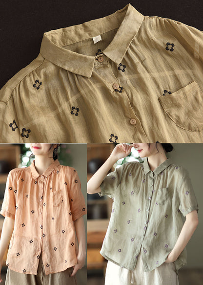 Orange Peter Pan Collar Linen Shirt Top Short Sleeve