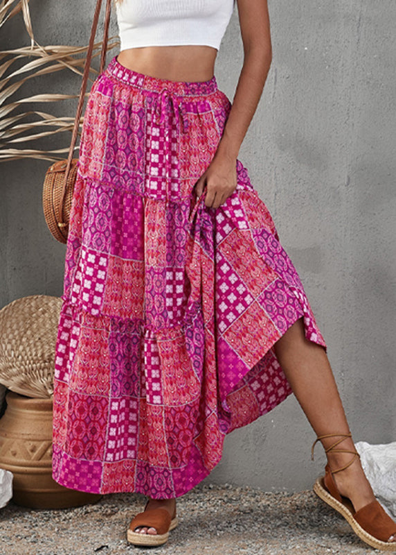 Purple Print Ruffled Patchwork a Line Skirt