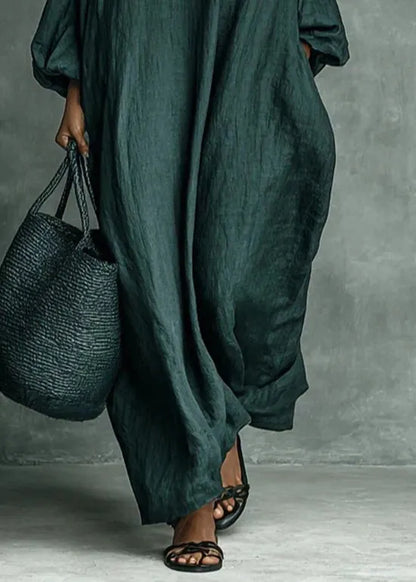 Green Hign Neck Print Pockets Cotton Dress Fall