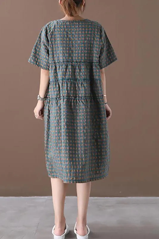 Limited Stock- Summer Plaid Round Neck Cotton Linen Midi Dress
