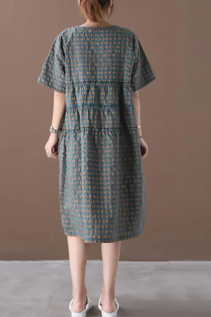 Limited Stock- Summer Plaid Round Neck Cotton Linen Midi Dress