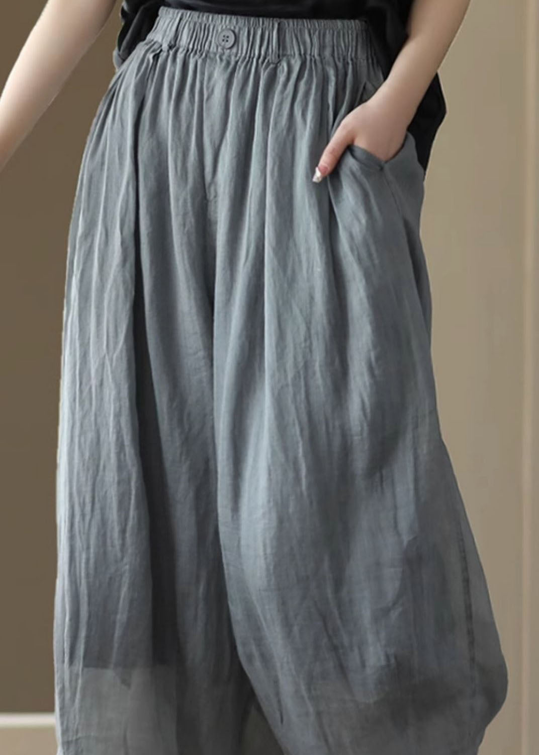 Grey Elastic Waist Pockets Patchwork Linen Lantern Pants Summer