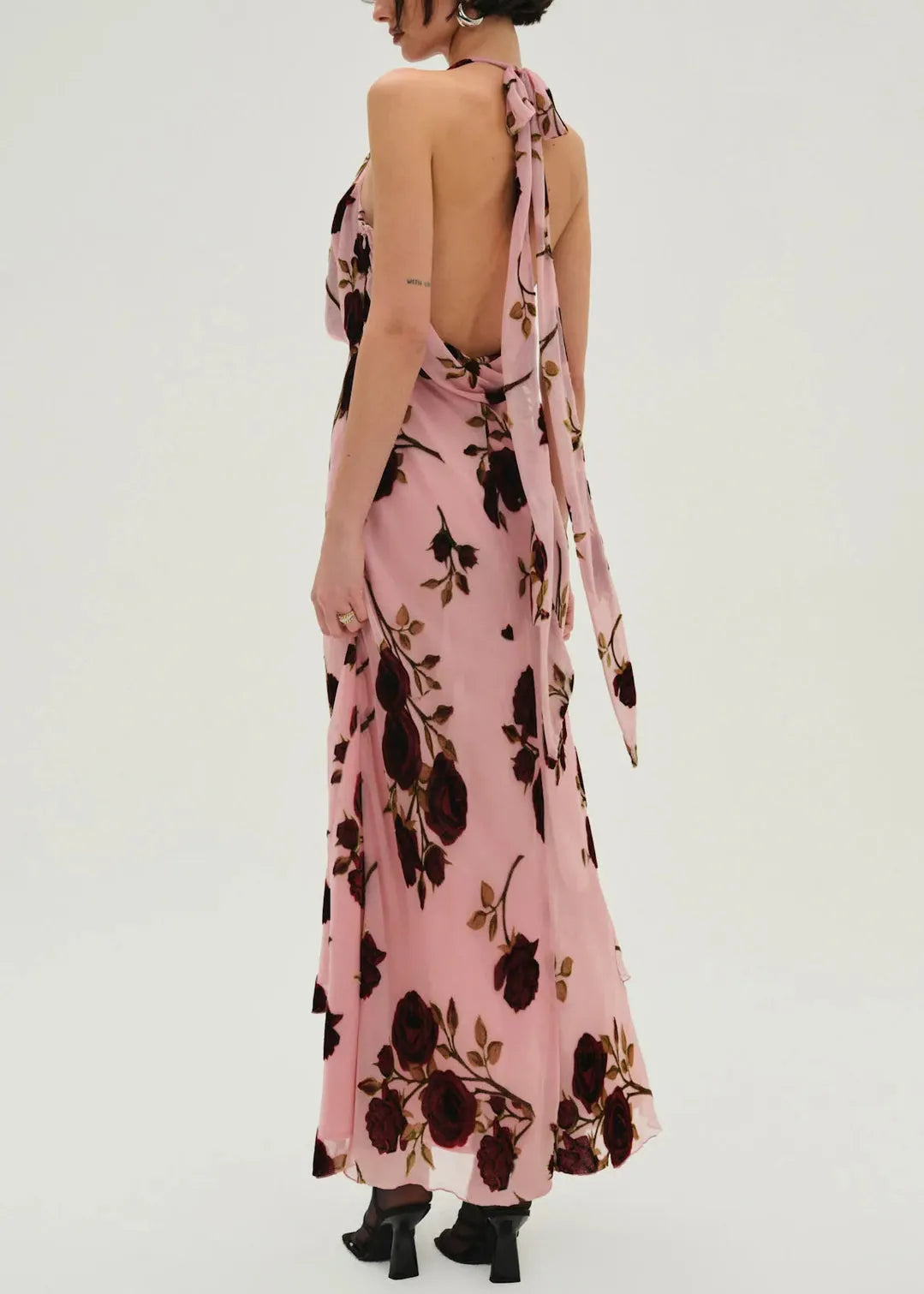 Pink Rose Tulle Backless Halter Dress Sleeveless