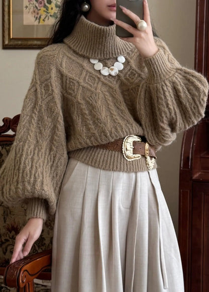 Khaki Turtleneck Thick Cable Cotton Knit Sweaters Puff Sleeve