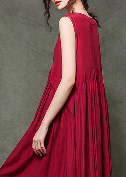 Wine Red-floral1 O-neck Wrinkled Long Dresses Sleeveless