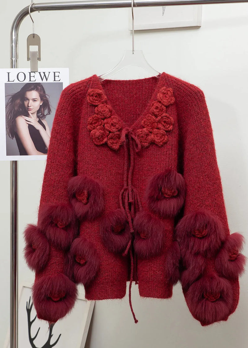 Red Decorated Patchwork Fox Fur Knit Cardigan Winter