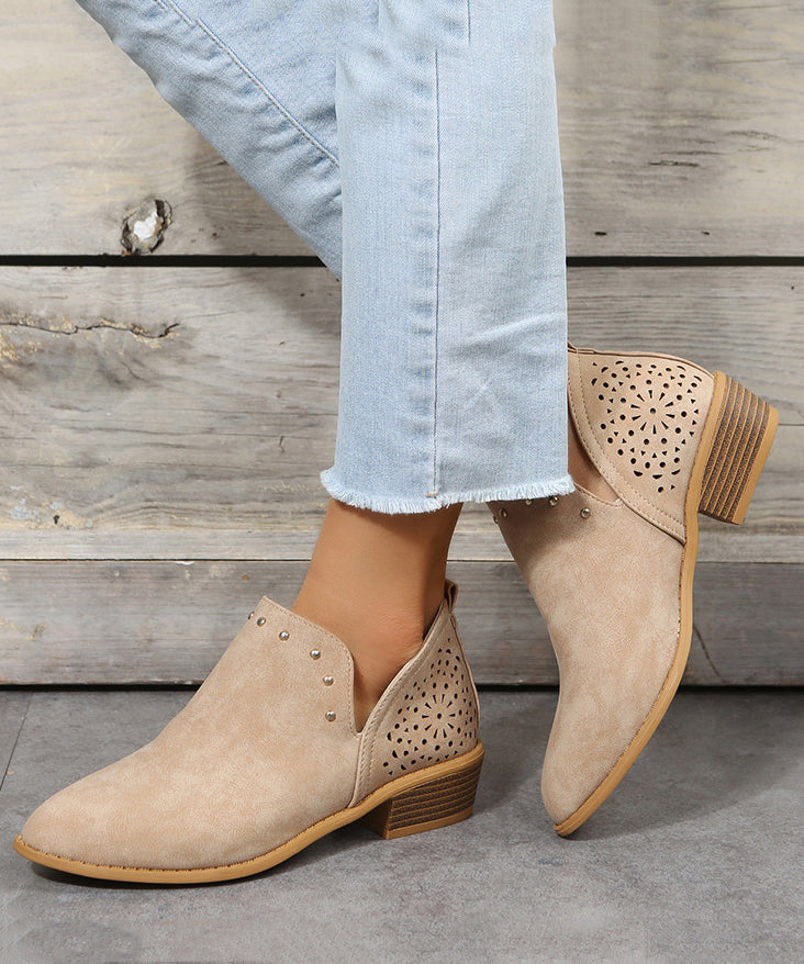Brown Hollow Out Splicing Chunky Ankle Boots Pointed Toe