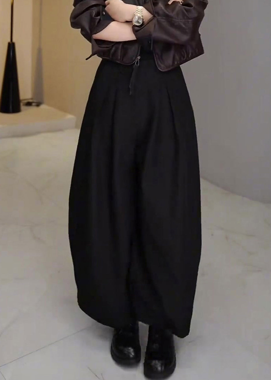 French Black Pockets High Waist Cotton Wide Leg Pants Fall