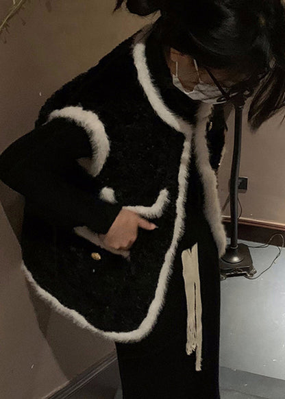 Fitted Black O-neck Pockets Patchwork Faux Fur Vest Sleeveless