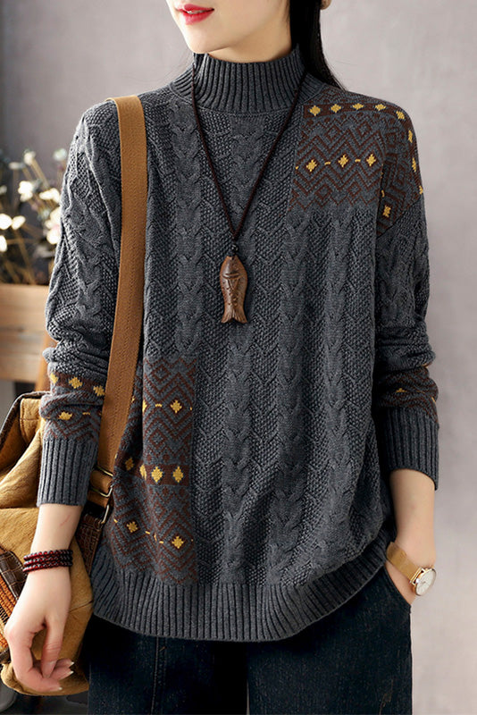-retro Contrast Sweater Loose Turtleneck Sweater
