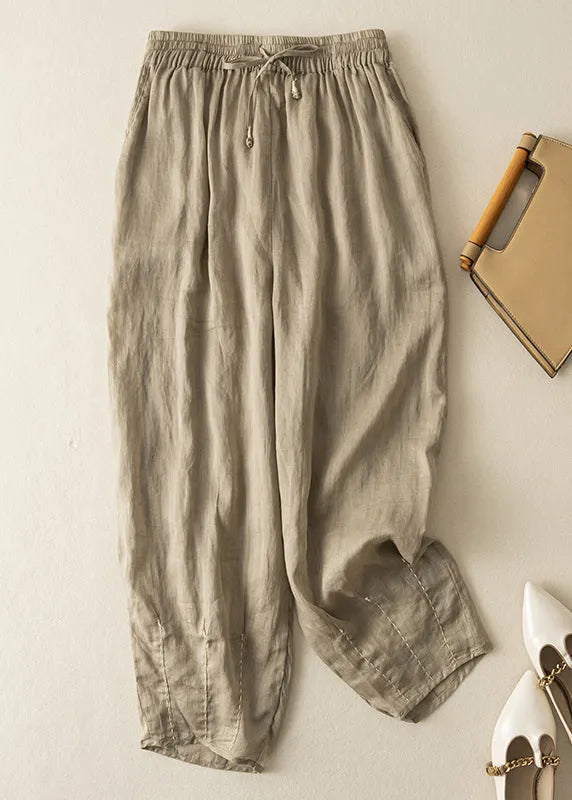 Apricot Pockets Drawstring Linen Crop Pants Summer