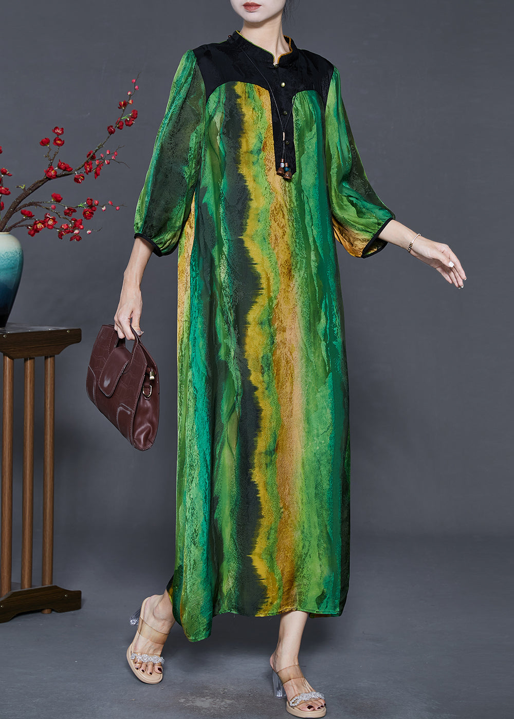 Green Mandarin Collar Tie Dye Silk Vacation Dresses Bracelet Sleeve