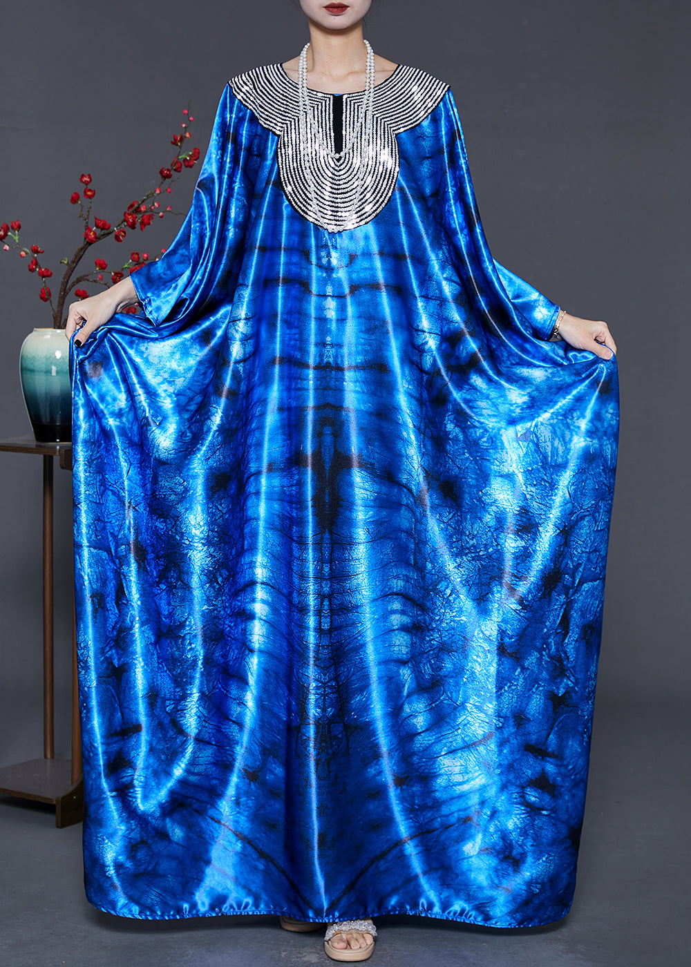 Blue Sequins Tie Dye Silk Holiday Dress Summer