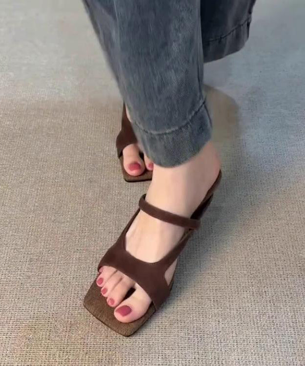 Splicing High Heel Slide Sandals Brown Suede
