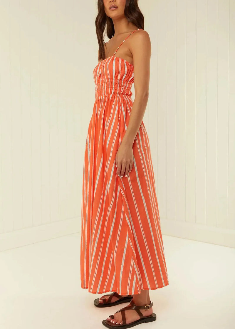 Orange Striped Cotton Spaghetti Strap Dress Summer