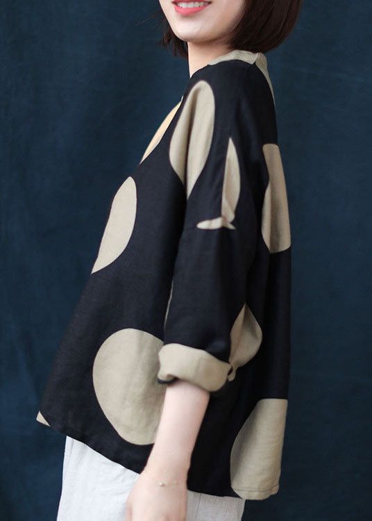 Modern Black V Neck Dot Print Linen Tops Spring