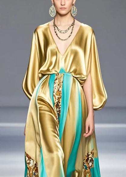 Unique Golden Print Exra Large Hem Silk Dress Summer