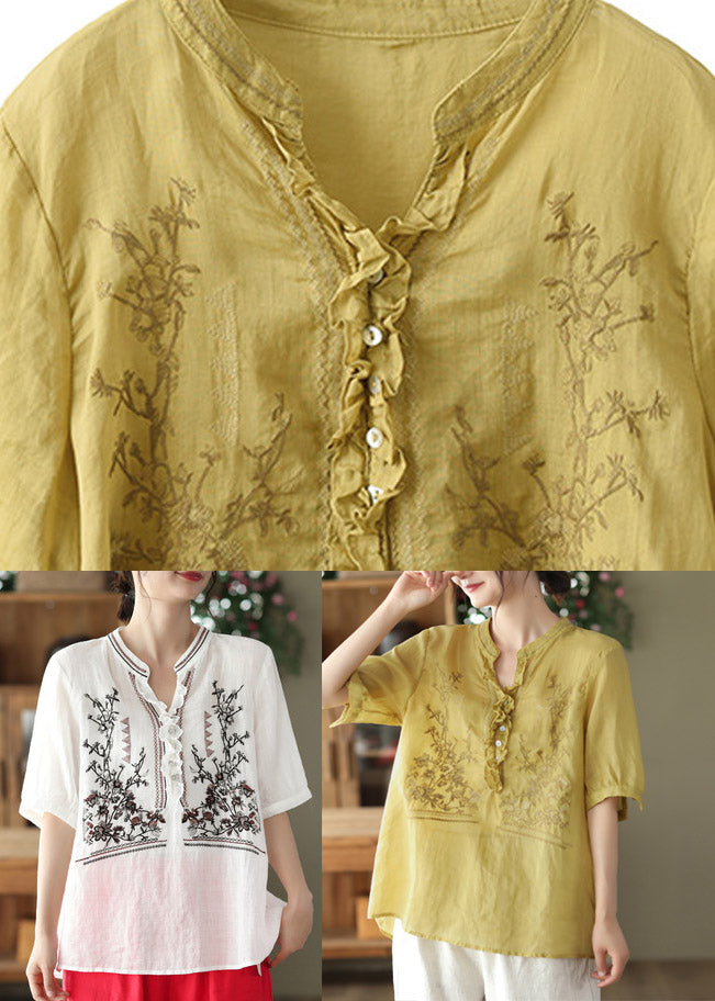 Yellow V Neck Embroidered Linen T Shirt Short Sleeve