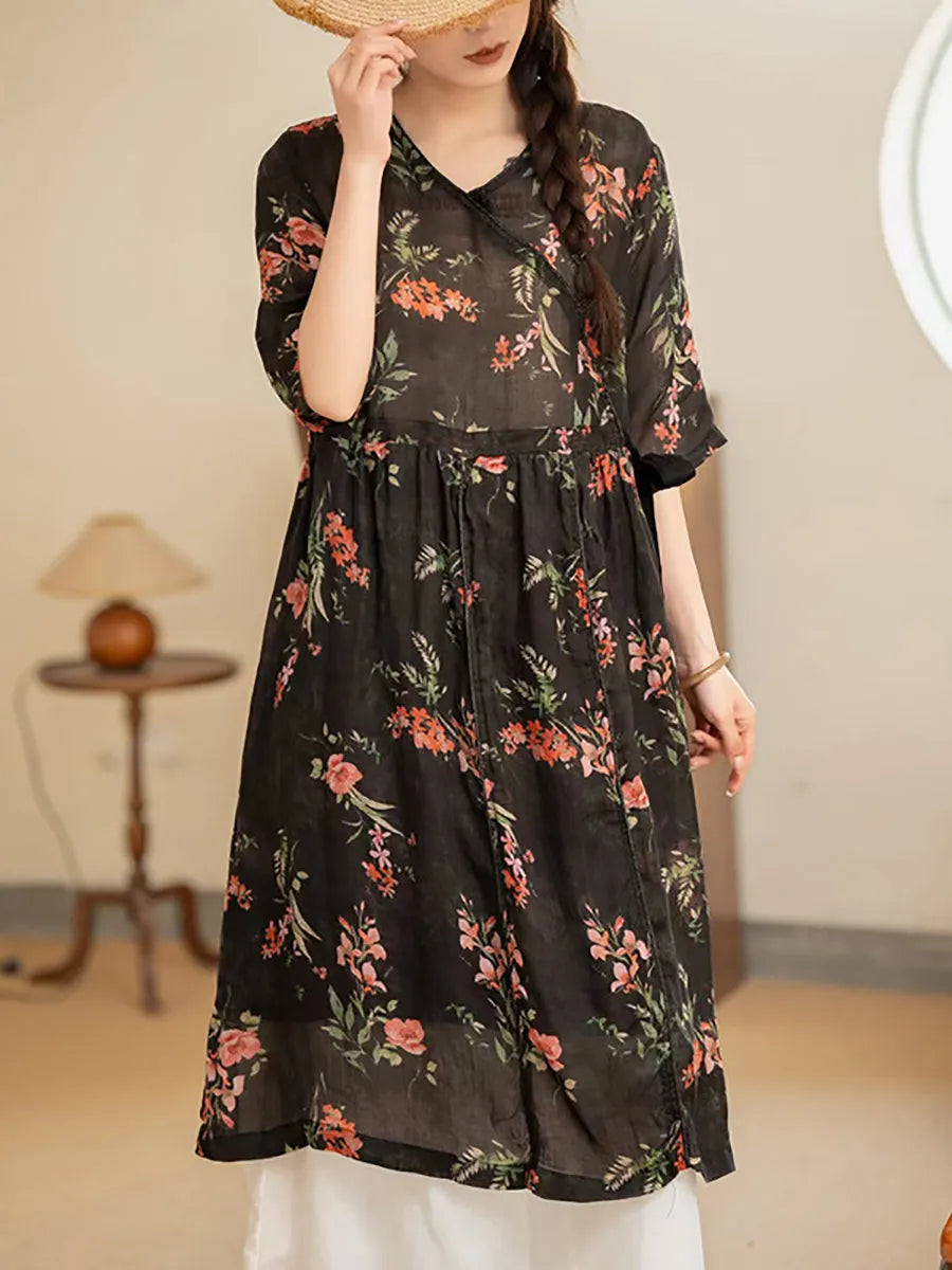 Summer Flower Strap V-neck Ramie Dress