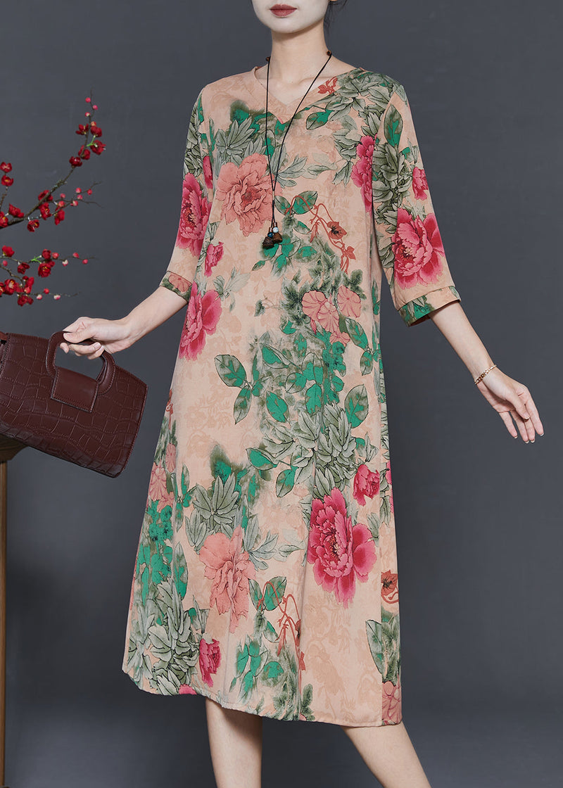 Khaki V Neck Print Chiffon Long Dresses Half Sleeve