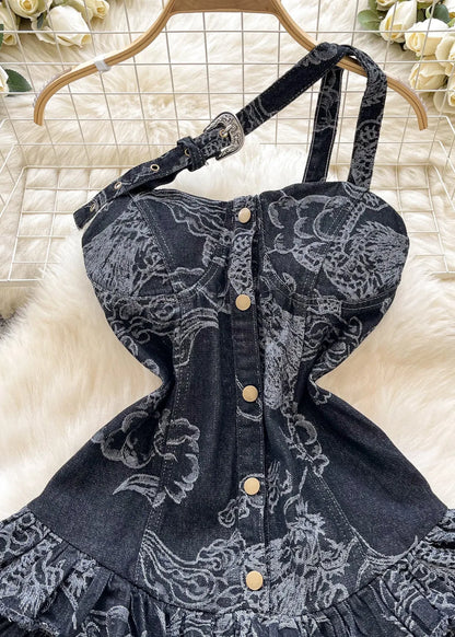 Black Patchwork Tulle Denim Strapless Dress Summer