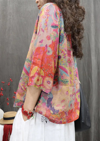 Orange Print Button Linen Blouse V Neck Bracelet Sleeve