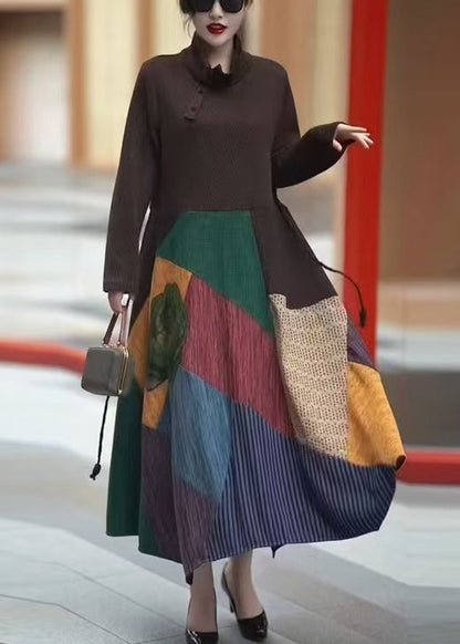 Coffee Turtleneck Tie Waist Patchwork Long Dress Winter