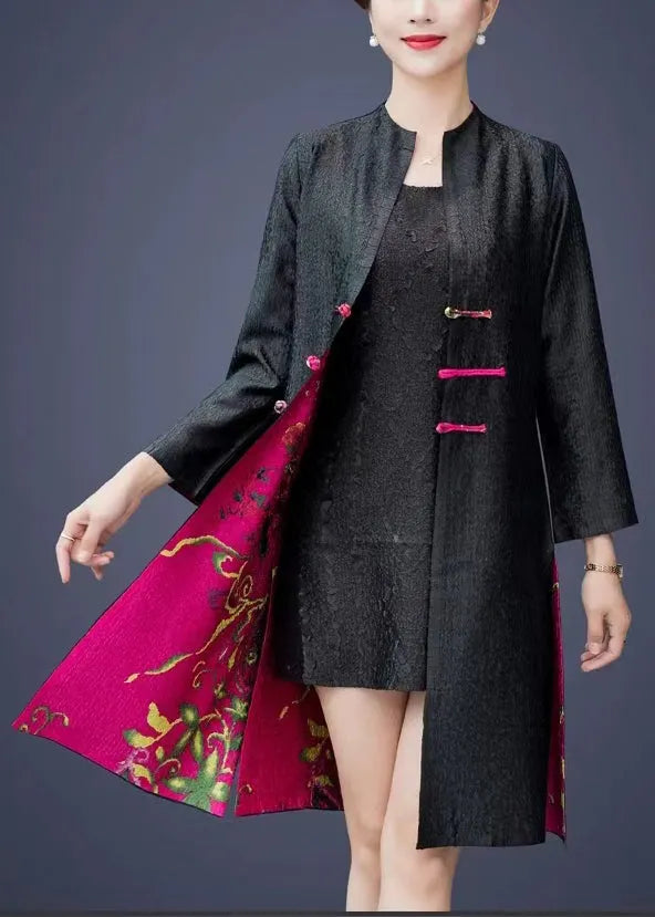 Chinese Style Rose Wrinkled Print Wear on Both Sides Silk Coat Fall