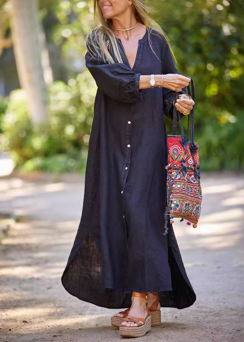 Simple Black V Neck Button Cotton Long Dress Summer