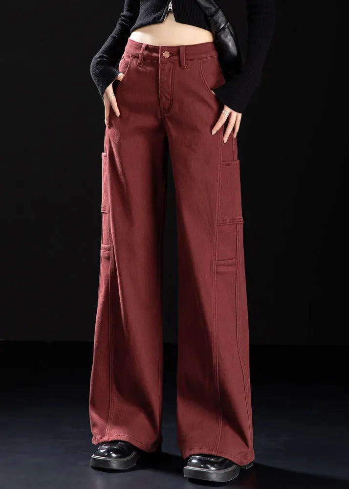 Simple Mulberry Oversized Patchwork Warm Fleece Straight Pants Winter