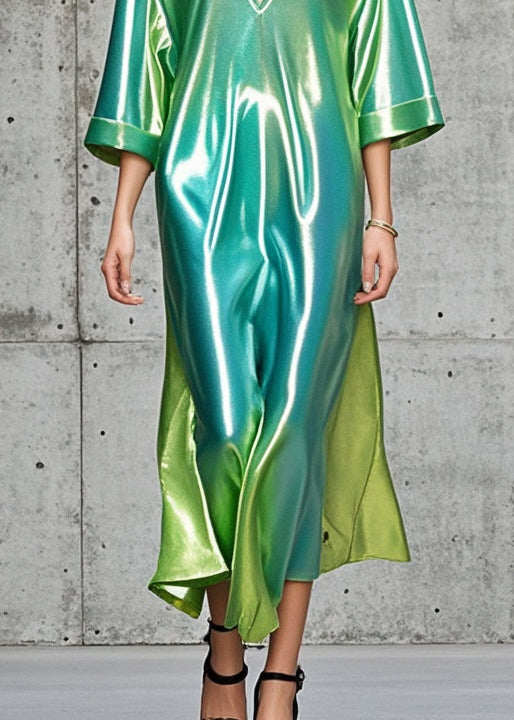 Gradient Color V Neck Side Open Silk Dress Summer