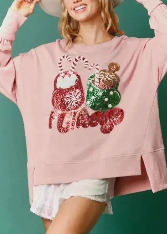 Grey O Neck Sequins Cotton Christmas Sweatshirt Winter