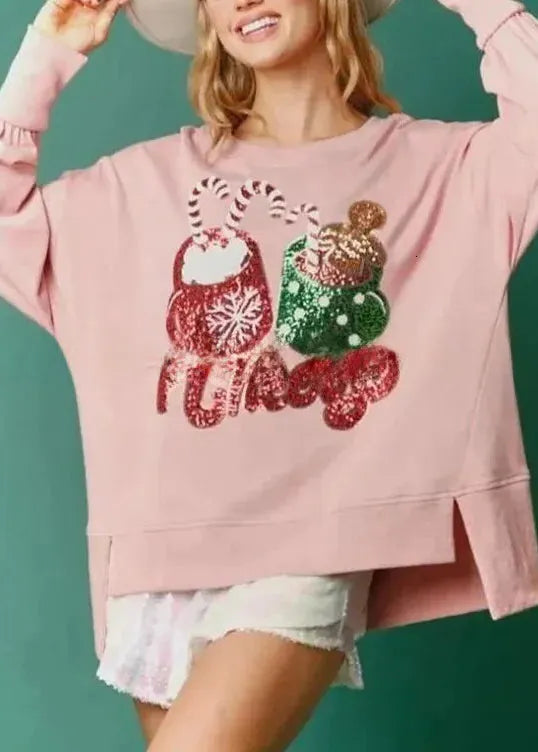 Grey O Neck Sequins Cotton Christmas Sweatshirt Winter