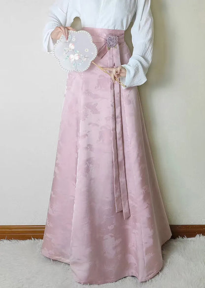 Pink Jacquard Flower Decorated Silk Skirts Fall