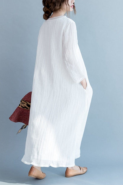 White Silk Linen Long Summer Dresses V-neck Clothing
