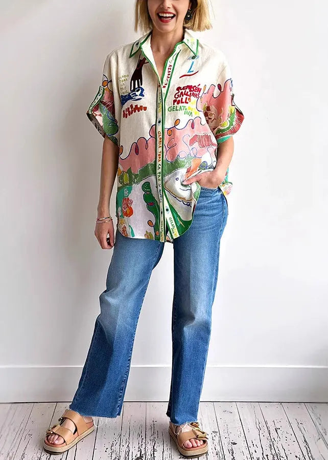 Peter Pan Collar Graphic Print Linen Shirts Top Summer