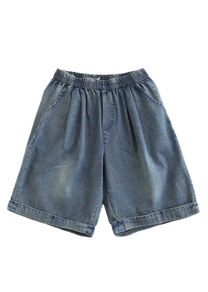 Light Blue Pockets Patchwork Cotton Denim Shorts