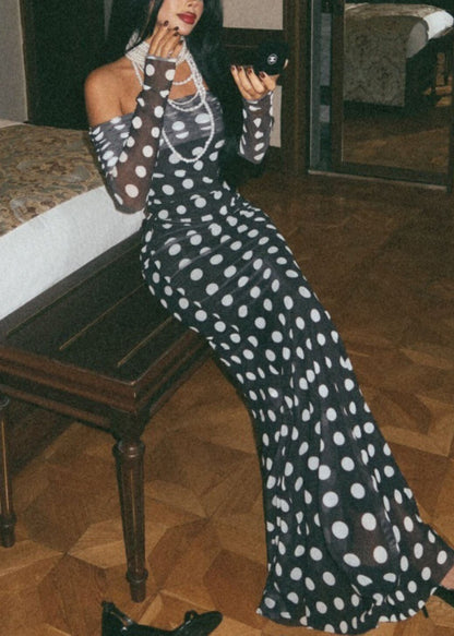 Black Cold Shoulder Dot Print Slim Tulle Dresses Spring