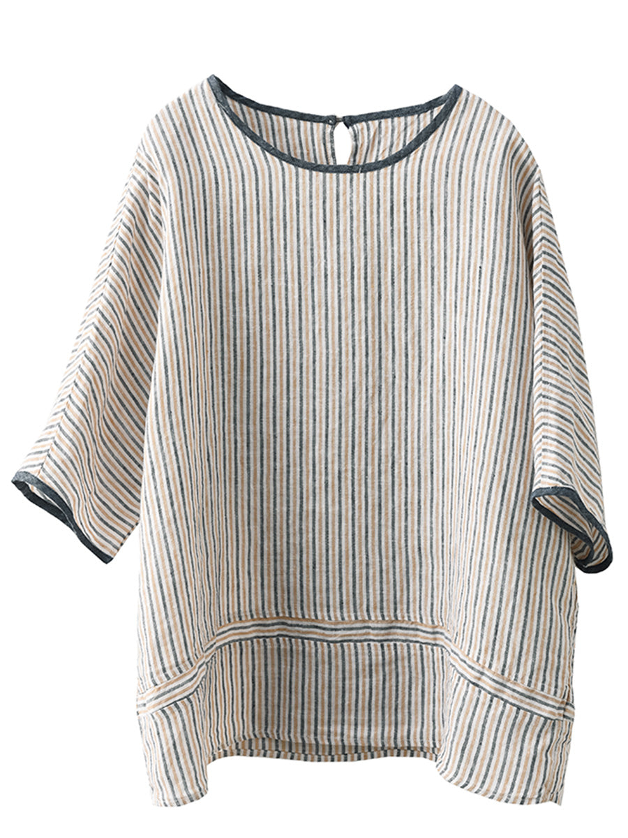 Summer Stripe Spliced Linen Shirt