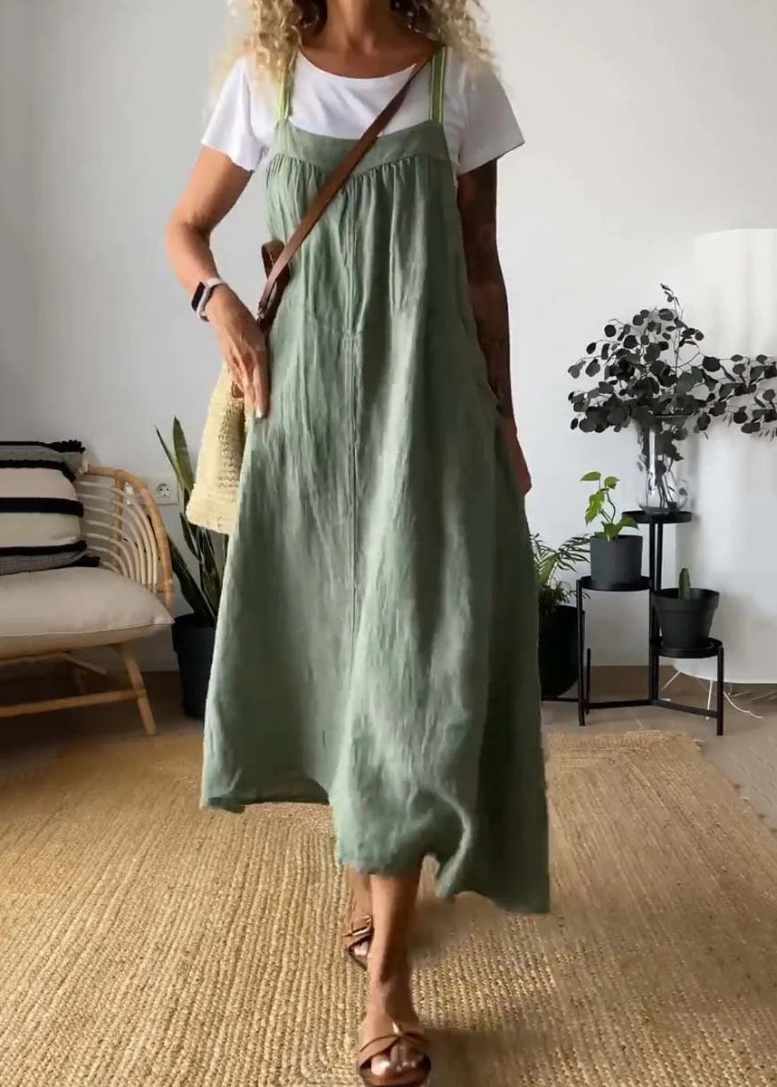 Loose Green Backless Cotton Spaghetti Strap Dress Summer