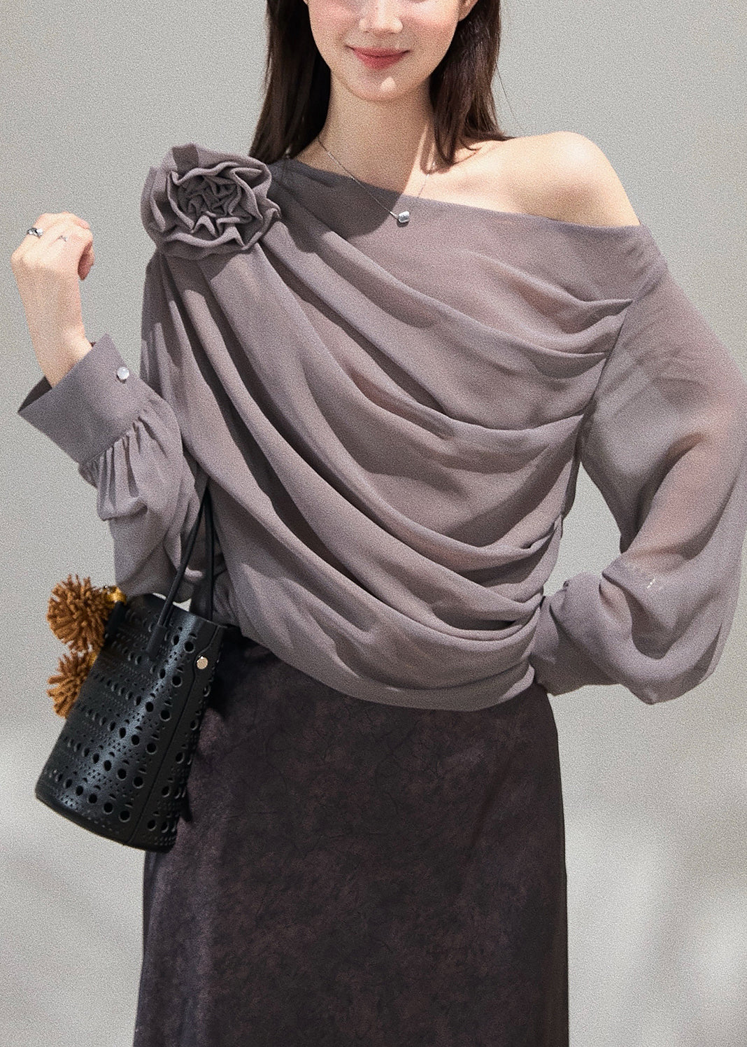 Handmade Grey Cold Shoulder Chiffon Top Fall