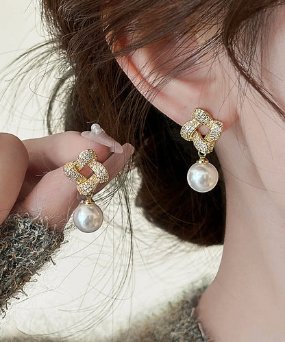 Gold Sterling Silver Alloy Zircon Pearl Square Drop Earrings