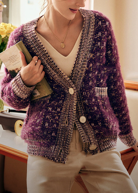 Purple Button Pockets Patchwork Knit Coats Spring