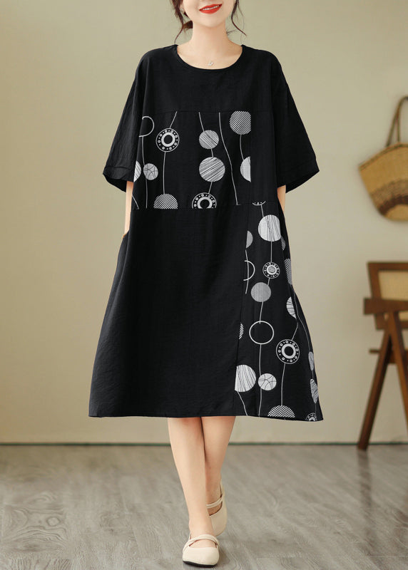 Loose Black O-neck Print Holiday Long Dress Short Sleeve