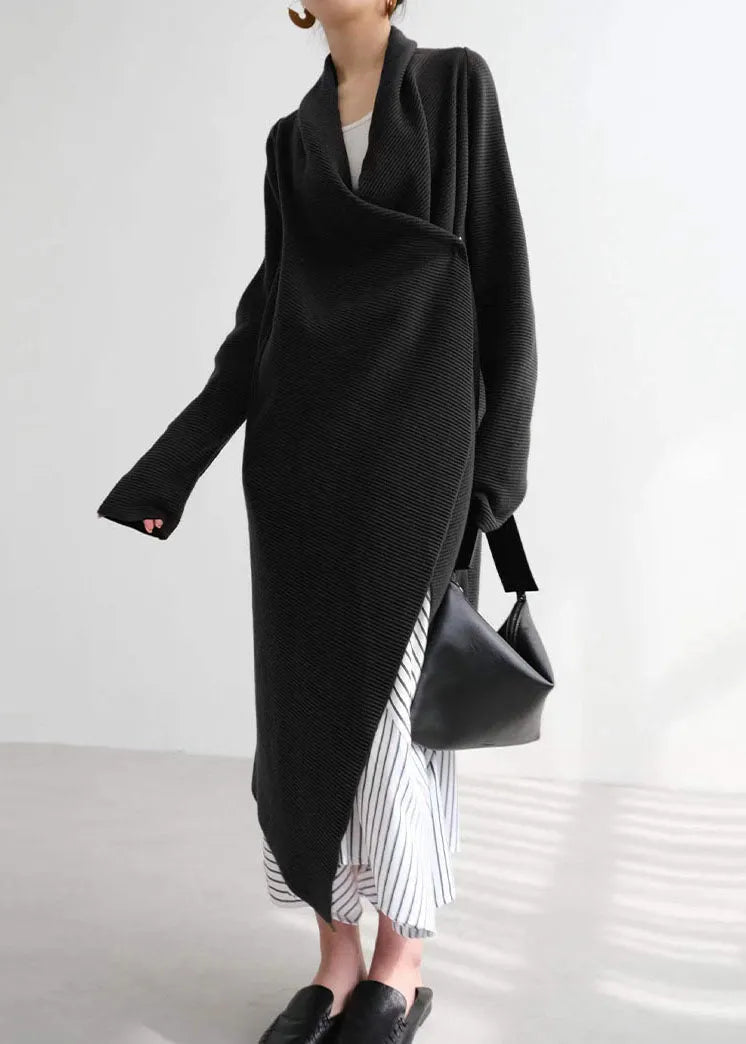 Black Asymmetrical Cozy Knit Cardigans Fall