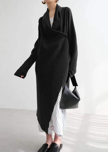 Black Asymmetrical Cozy Knit Cardigans Fall