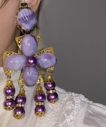 Gradient Color Purple Sterling Silver Overgild Shell Tassel Drop Earrings