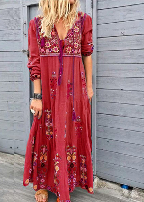 Blue V Neck Print Patchwork Cotton Long Dresses Spring