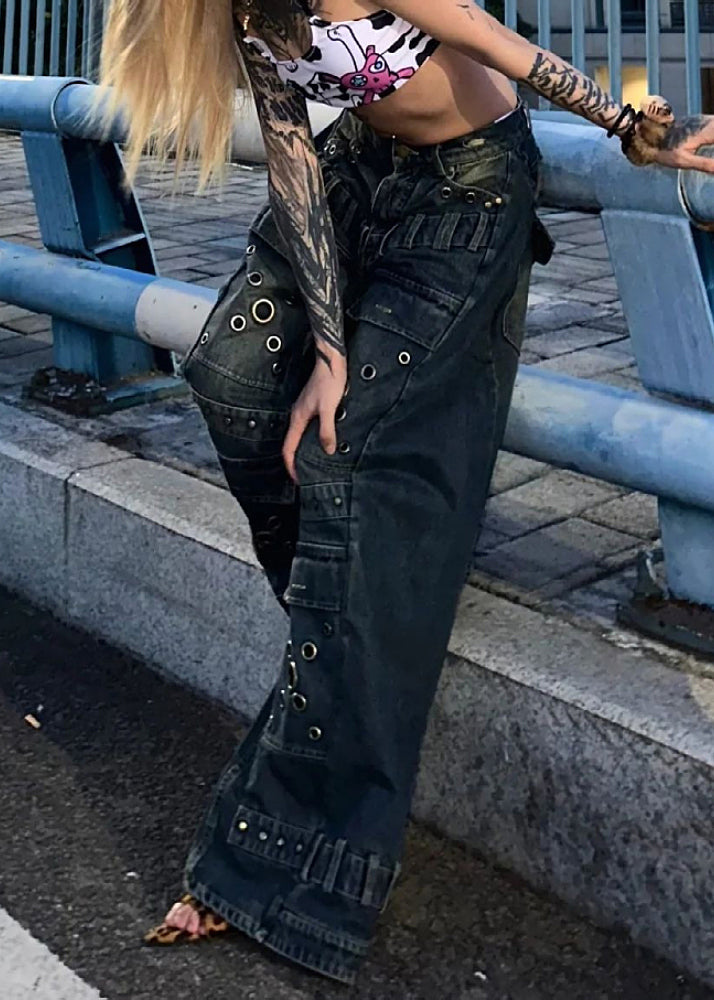 European and American Style Blue Rivet Denim Wide Leg Pants Fall